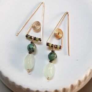 Green African Turquoise Brass Hooks Hidden Meaning earrings Natural Elemen  431■